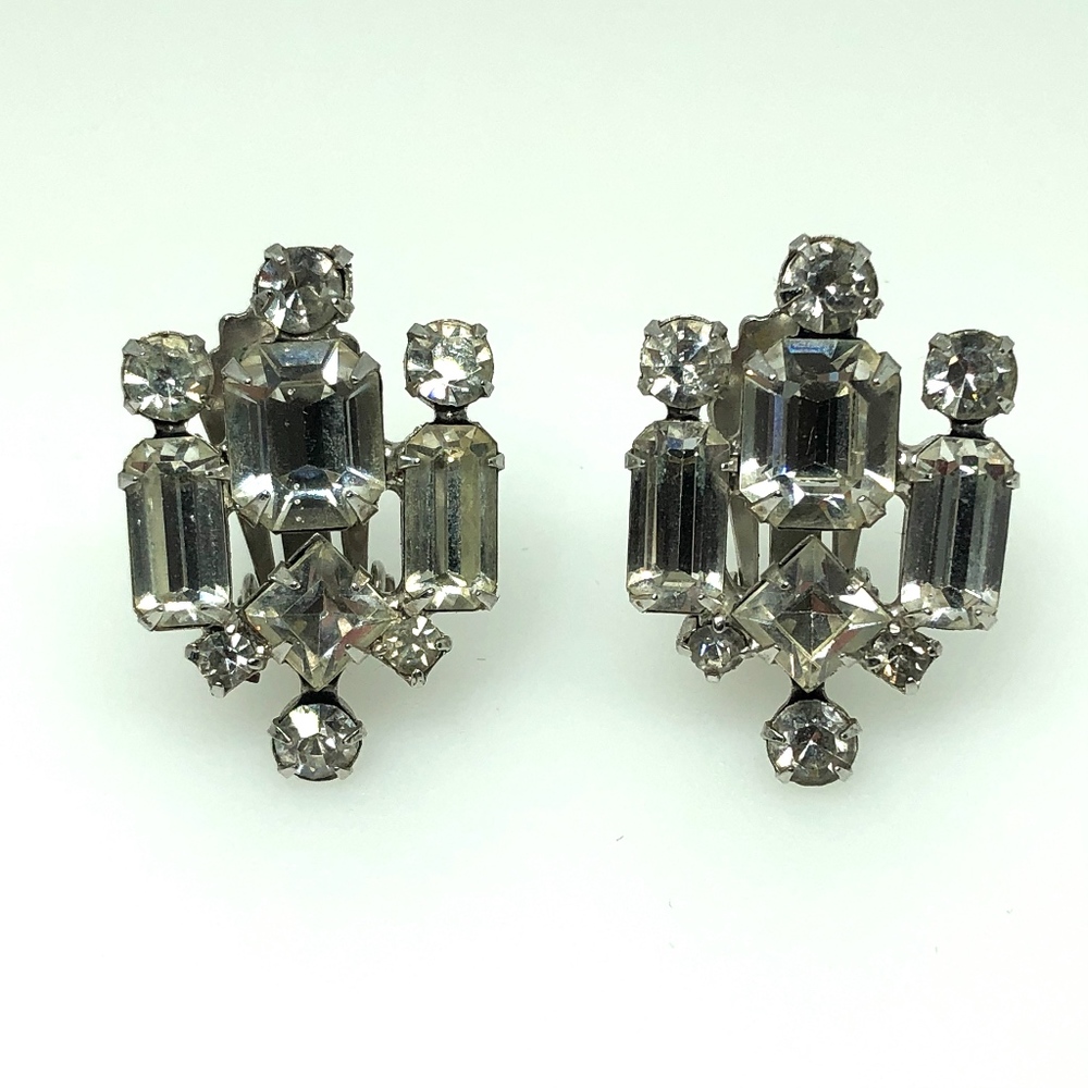Vintage Rhinestone Clip On Earrings Silver-tone